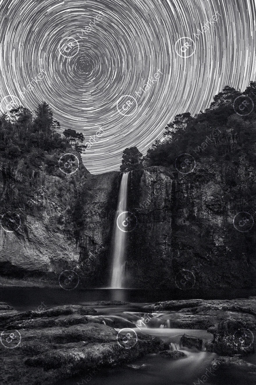 Monochrome Circumpolar Star Trail Over Hanua Falls